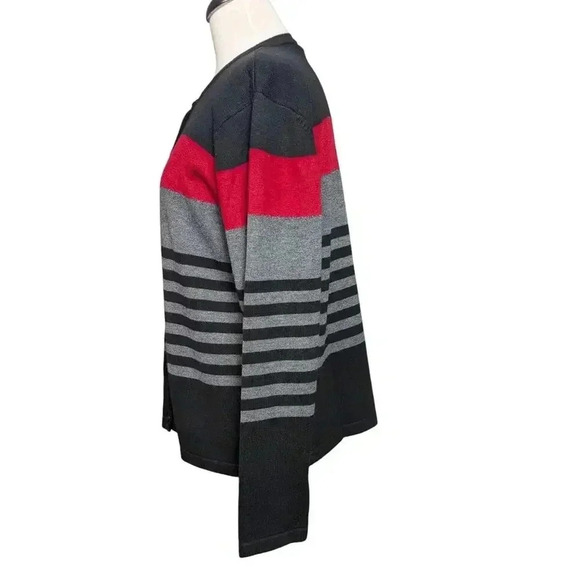 DressBarn Small Red Black Gray Striped Button Front Cardigan Knit Sweater - Picture 4 of 6